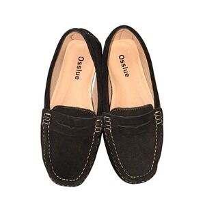 Osslue Driving Women 8 Pre-Owned Penny Loafers Black Suede Contrast White Stitch